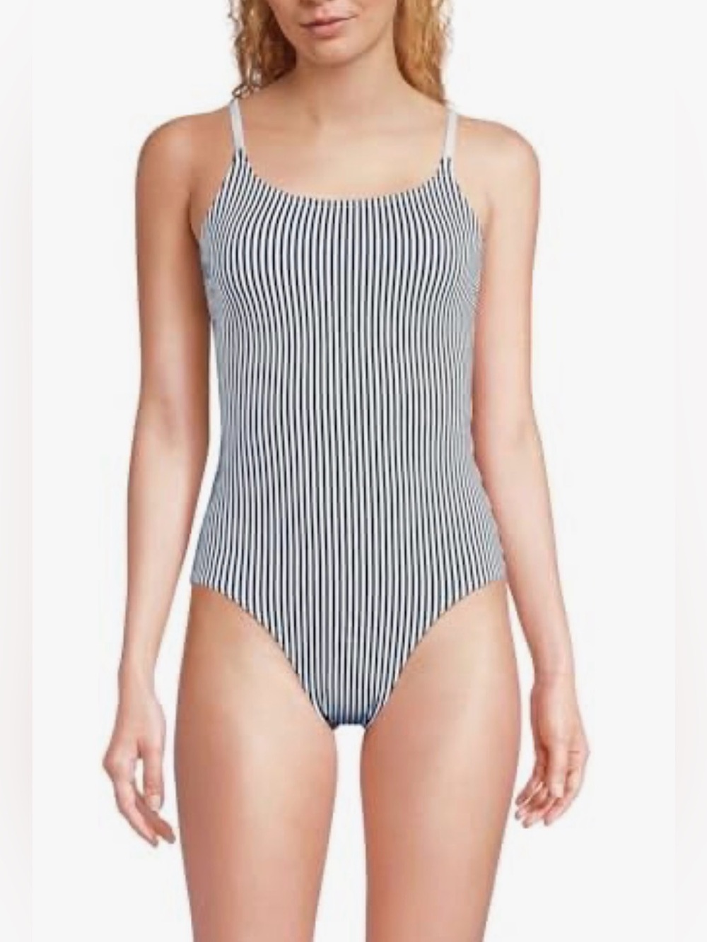 NWT Lands End Navy & White Striped One-Piece Swimsuit - Sz 10